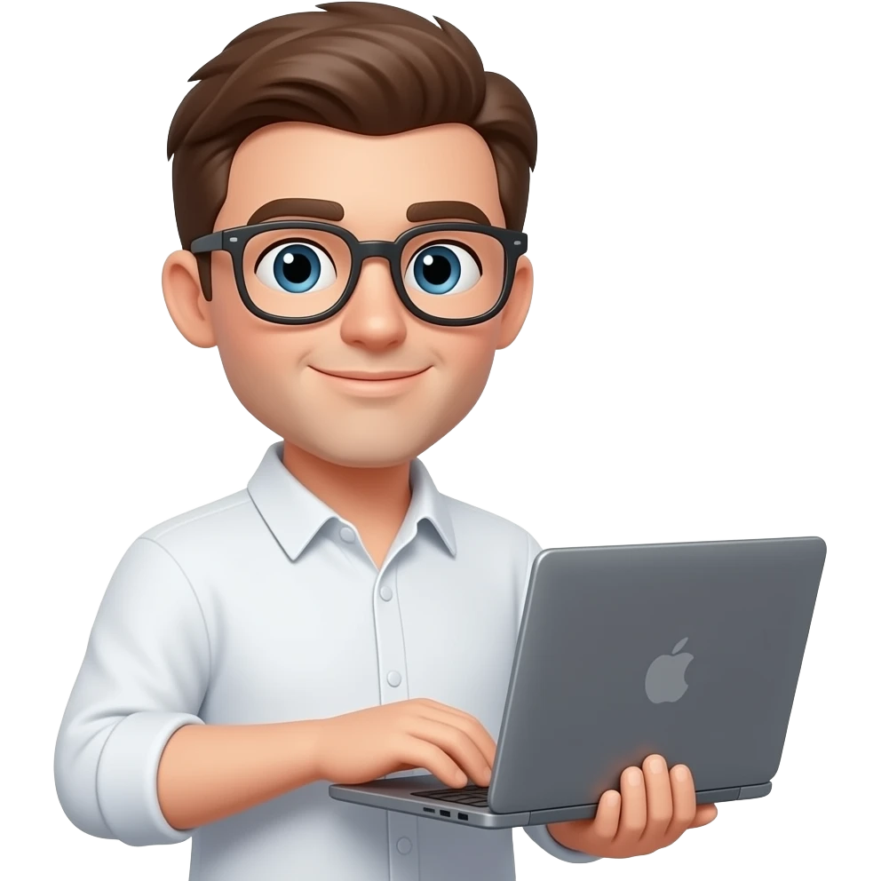 cliente con una laptop en la mano  camisa blanca  hombre blanco cabello liso marron lentes emoji