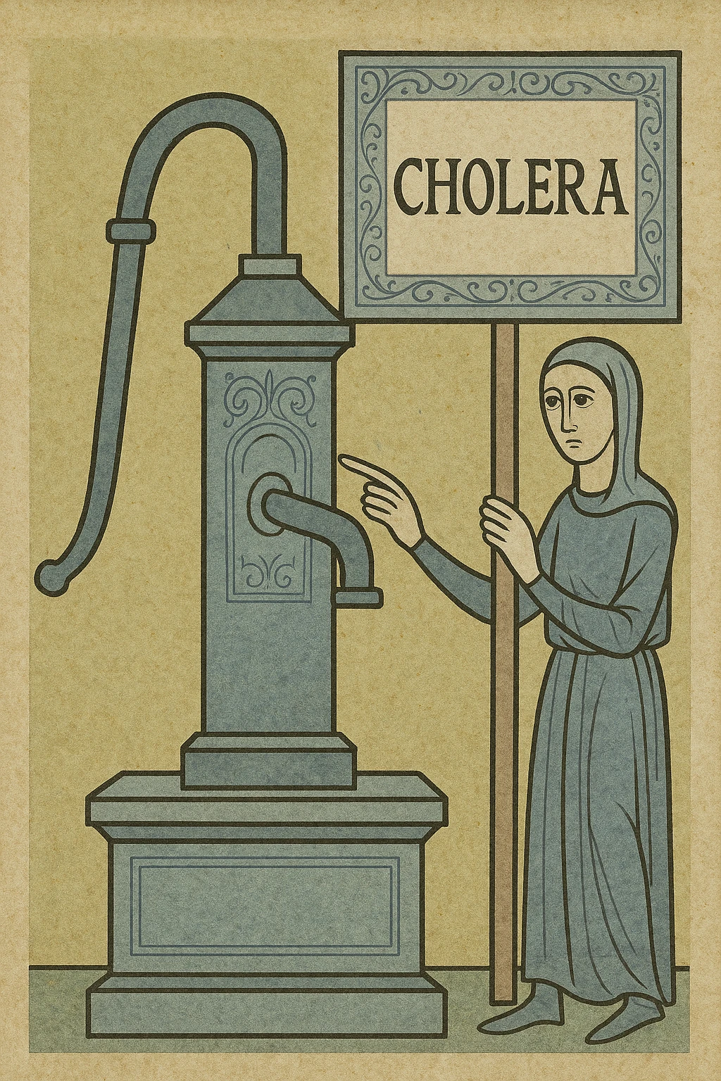 Victorian water pump with warning sign about cholera, historical style emoji