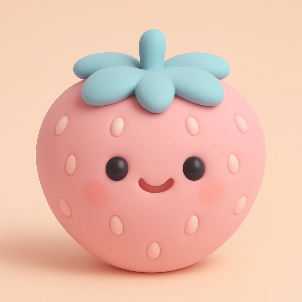 pink strawberry with a cute face, round and squishy look, mochi style emoji