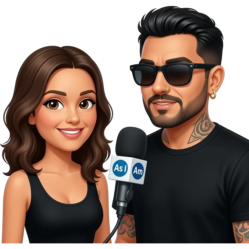 A podcast host, a handsome Latino man with medium hair, a graying beard, tattoos, hoops in his nose and ear, all in black with sunglasses, interviews a woman in front of a microphone with a logo reading "As I Am." emoji