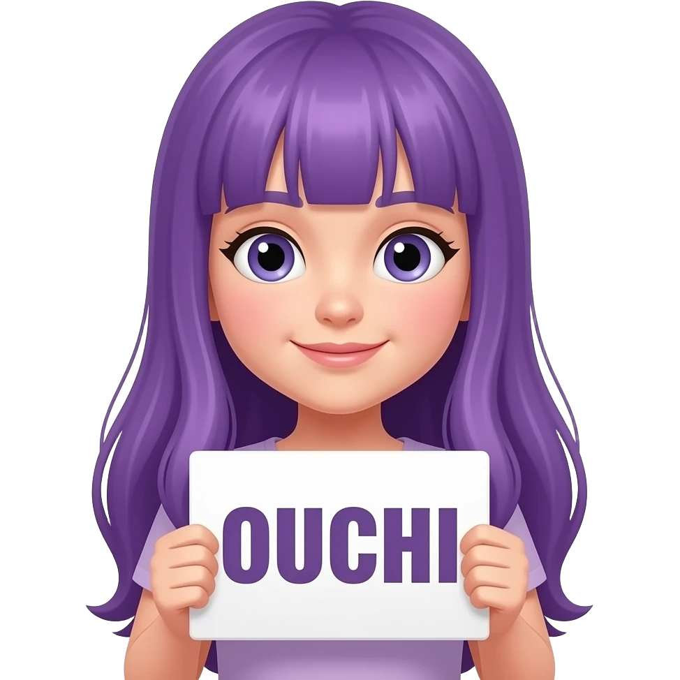 girl with long purple hair holding a OUCHI sign emoji