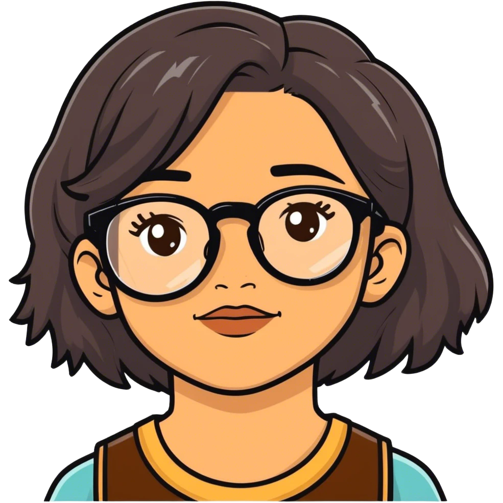 A hispanic girl with black glasses and brown and black highlights on her hair emoji