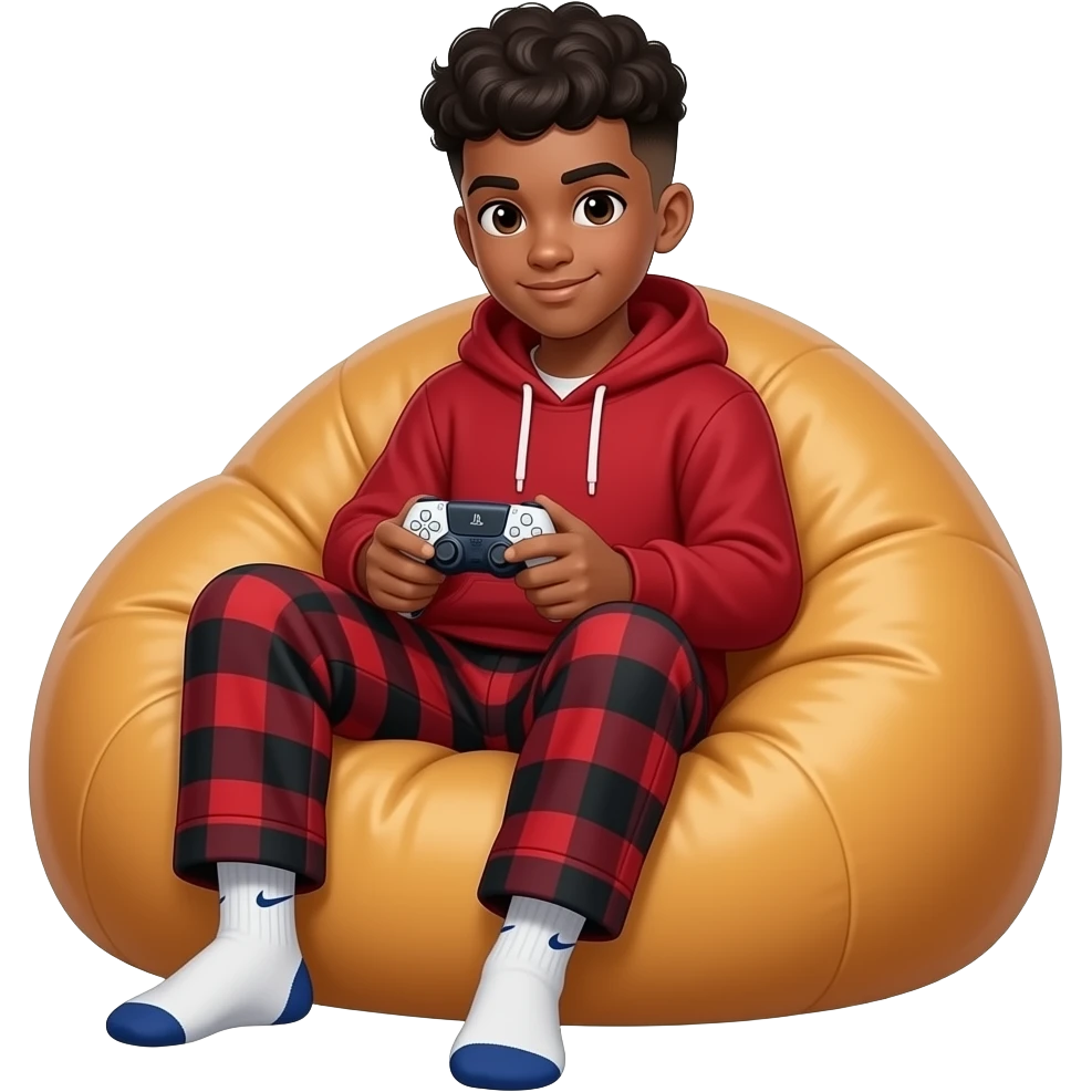 make me a black colored strong high schooler with a brown  low taper fade playing in the ps5 wearing red and black pajama pants with a comfrt hoodie wearing nike socks on a giant bean bag emoji