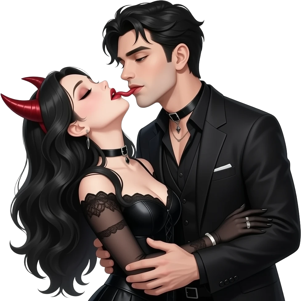 Sexy gothic man licking sexy gothic woman with her head tilted back neck. Fantasy emoji
