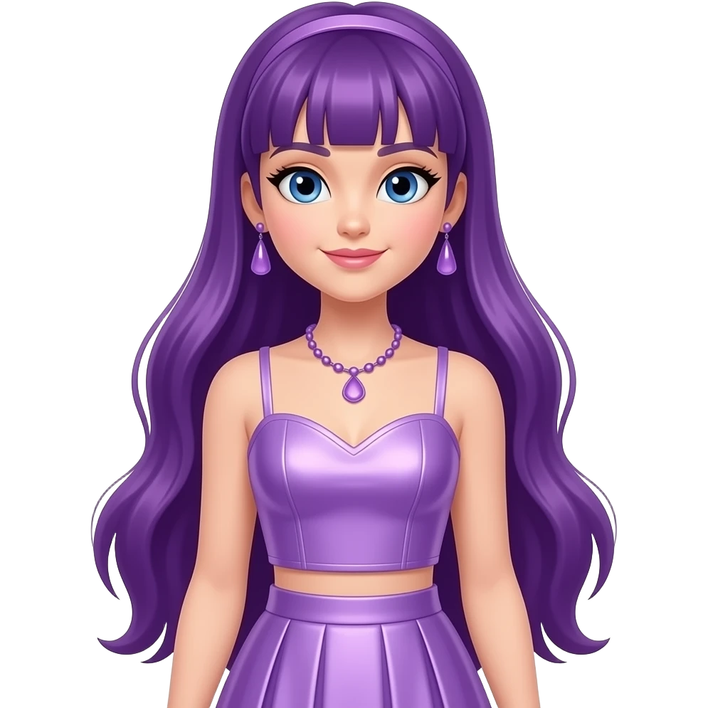 Violet Willow from Rainbow High with blue eyes, long purple hair, lilac metallic sweetheart crop top and long skirt, lilac necklace and earrings emoji