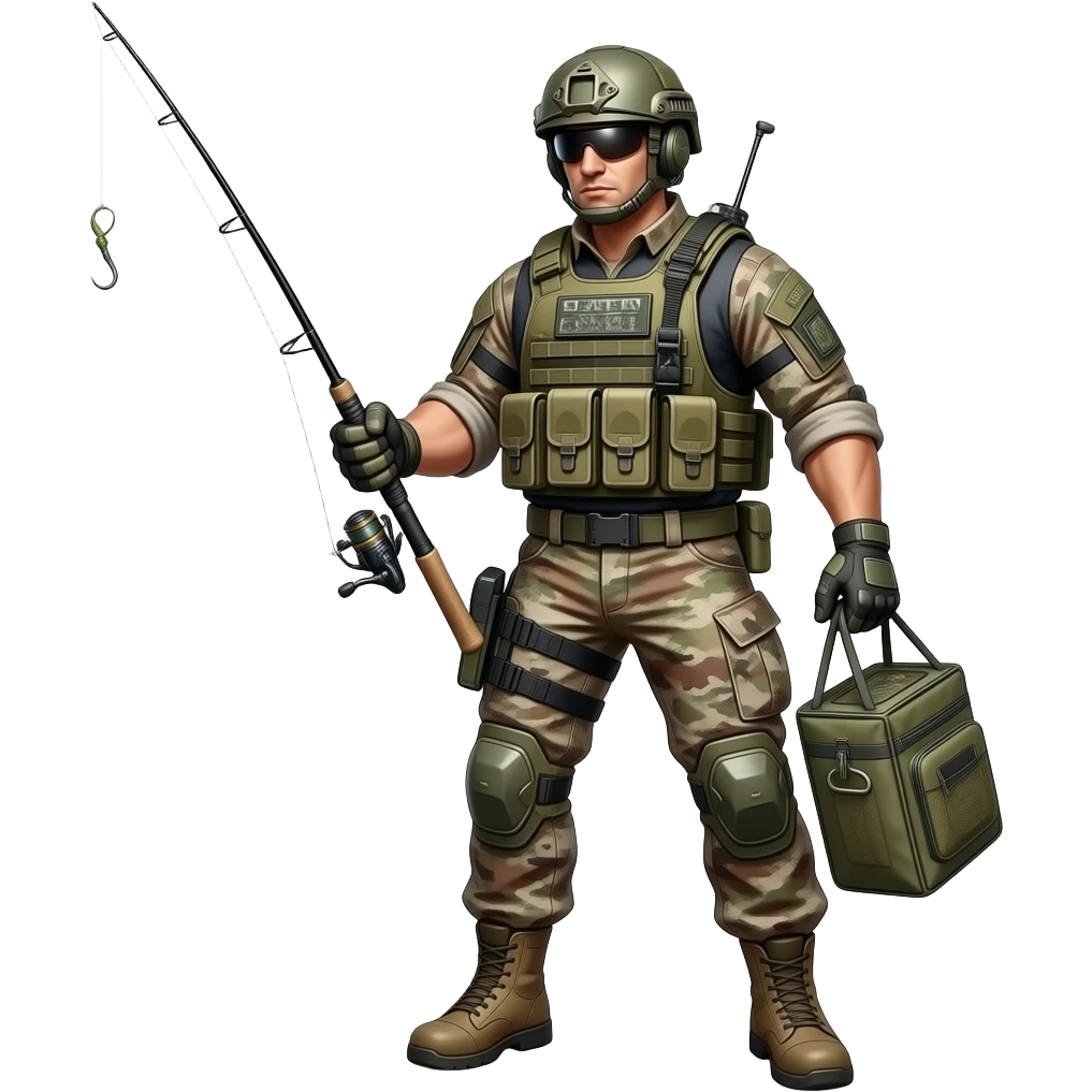 delta force cross between a fisherman posing in a battle pose or posing in a conflict that’s a mix between an army soldier with the gear vest on and helmet in has body armor on with extra fishing gear that he would need for fishing make a cross look between a soldier and army soldier mixed fisherman emoji