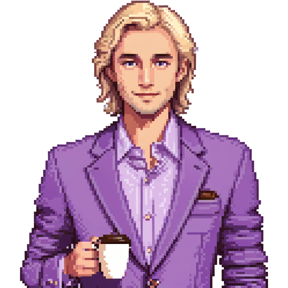 Confident male entrepreneur, Caucasian features, blonde hair, defined eyebrows, slight smile, wearing violet blazer over light violet shirt, holding a coffee cup in right hand, waist-up, front-facing emoji