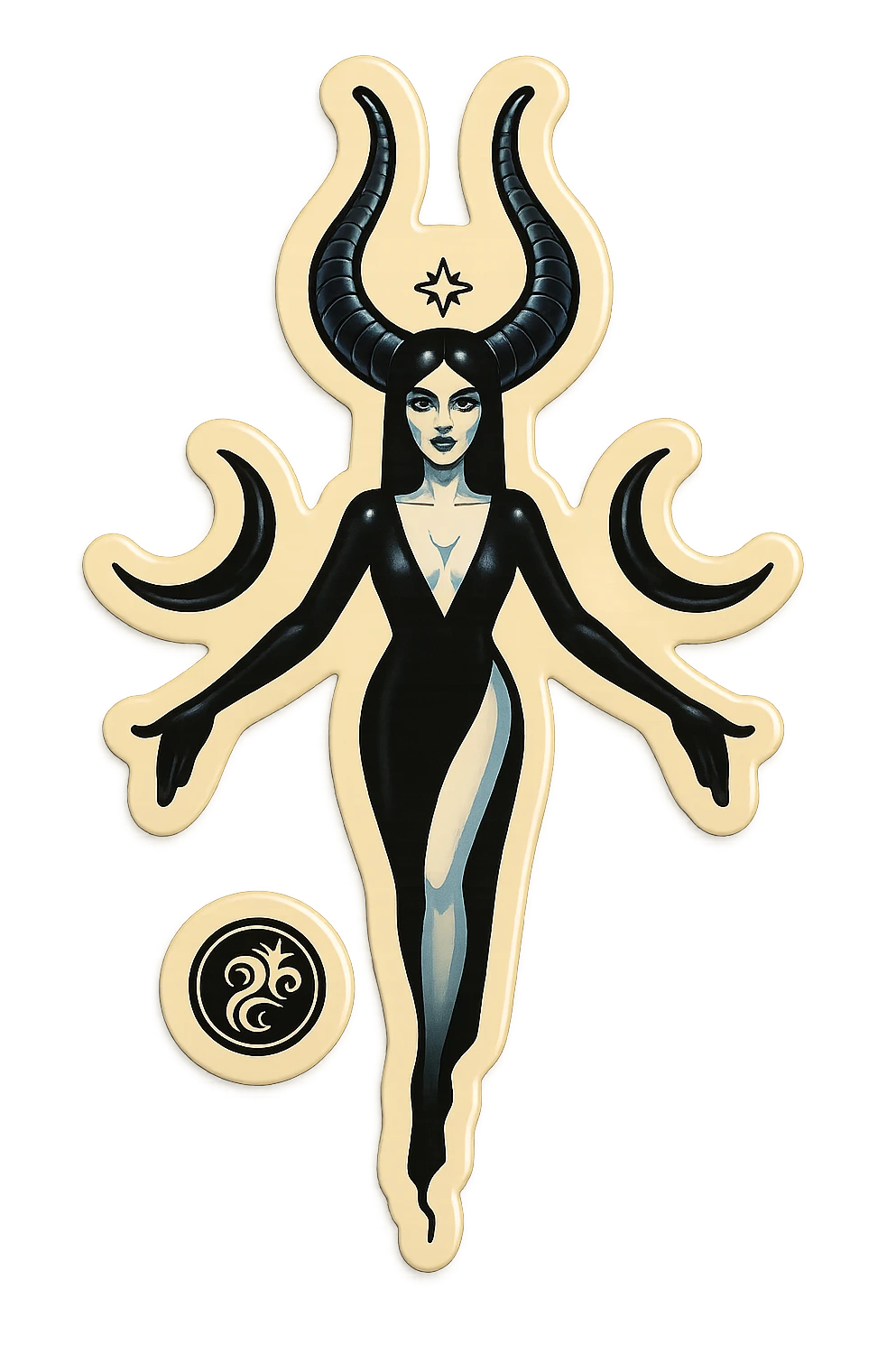 Stylized Lilith: female figure with long horns, moon symbols on the sides, minimalist and mystical look, black and white palette, retro sticker style, transparent background. emoji