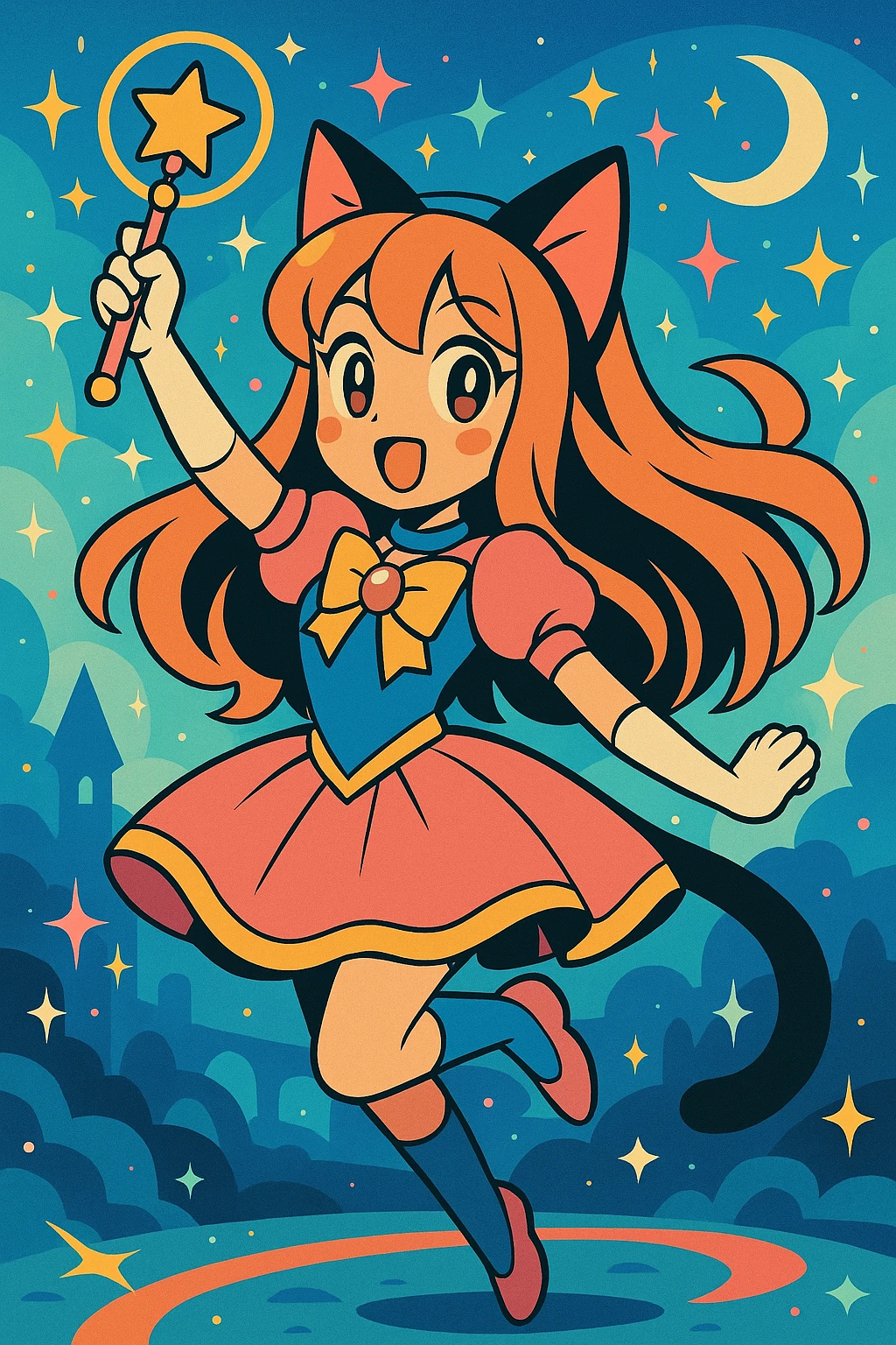 anime catgirl, magical girl theme, sparkles, cat ears, dynamic pose, flowing hair, fantasy background emoji