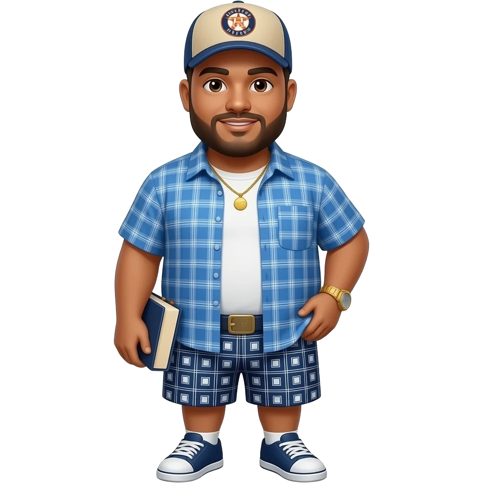 Chubby man with light honey skin tone with lightly shaved black beard and brown eyeswearing a blue button up short sleeve shirt with matching shorts with square pattern design wearing a beige Huston Astros logo baseball cap wearing a gold watch wearing a gold tennis necklace holding a Bible emoji