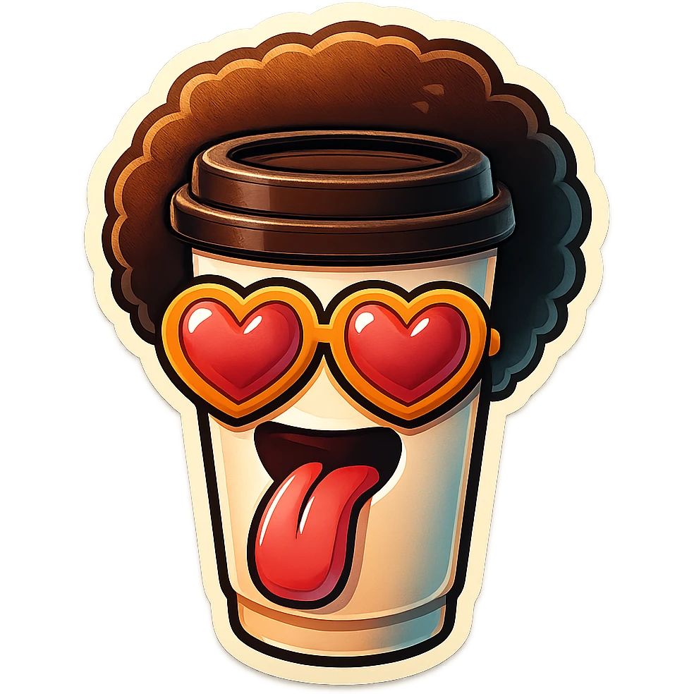 Tall coffee cupp, afro, heart glasses, big heart eyes, tounge rolled out emoji