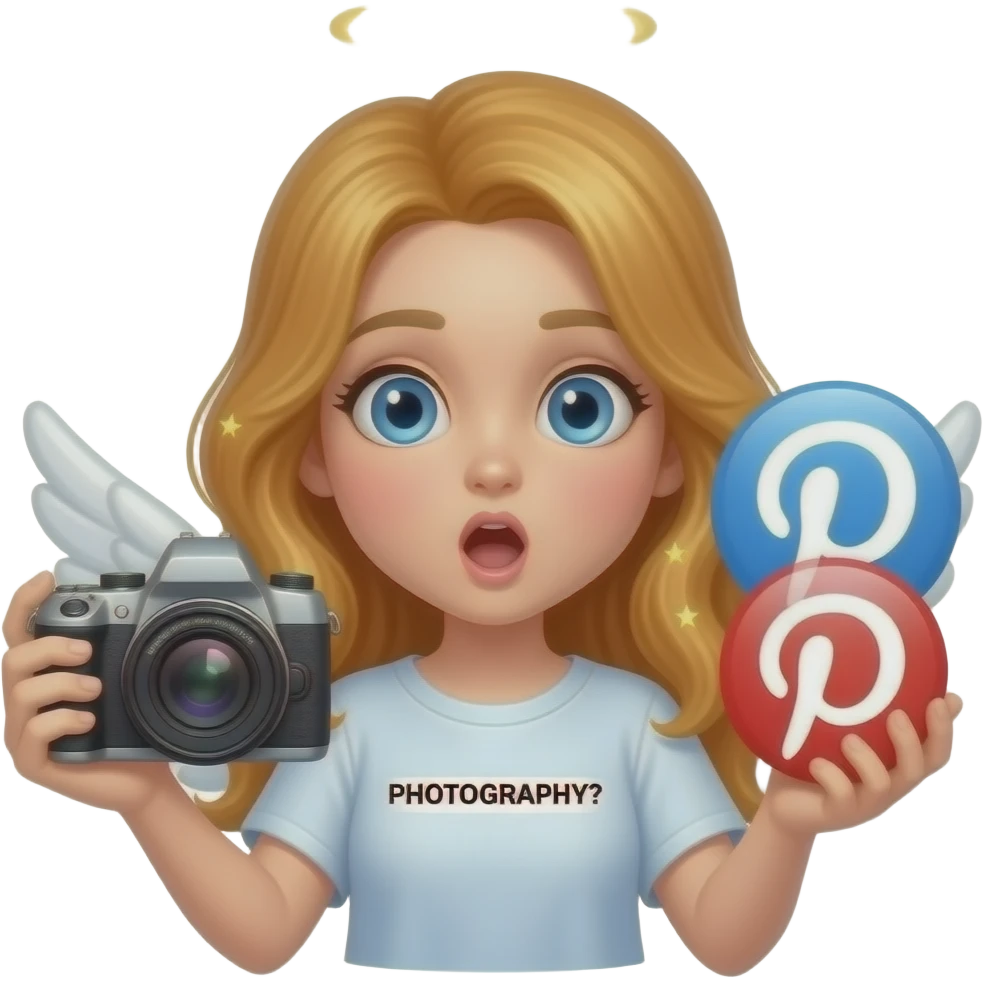 An ethereal blue eyes, glowing amber hair, angel, hand made of starlight holding a crystalline Pinterest logo on the right hand, a camera on the left hand, surprised, pointing at icon. A black text: 'PHOTOGRAPHY?' on the bellow left hand. Glowing nebula colors, isolated on white, bold 3D icon emoji
