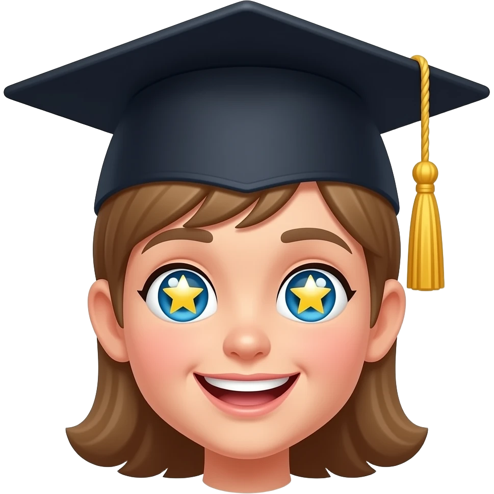 🤩 star-struck emoji character wearing a graduation cap (mortarboard) on top of its head, the cap is slightly tilted, gold tassel hanging down, bright cheerful expression with star-shaped eyes sparkling, cartoon style, vibrant colors, white background, high quality illustration emoji