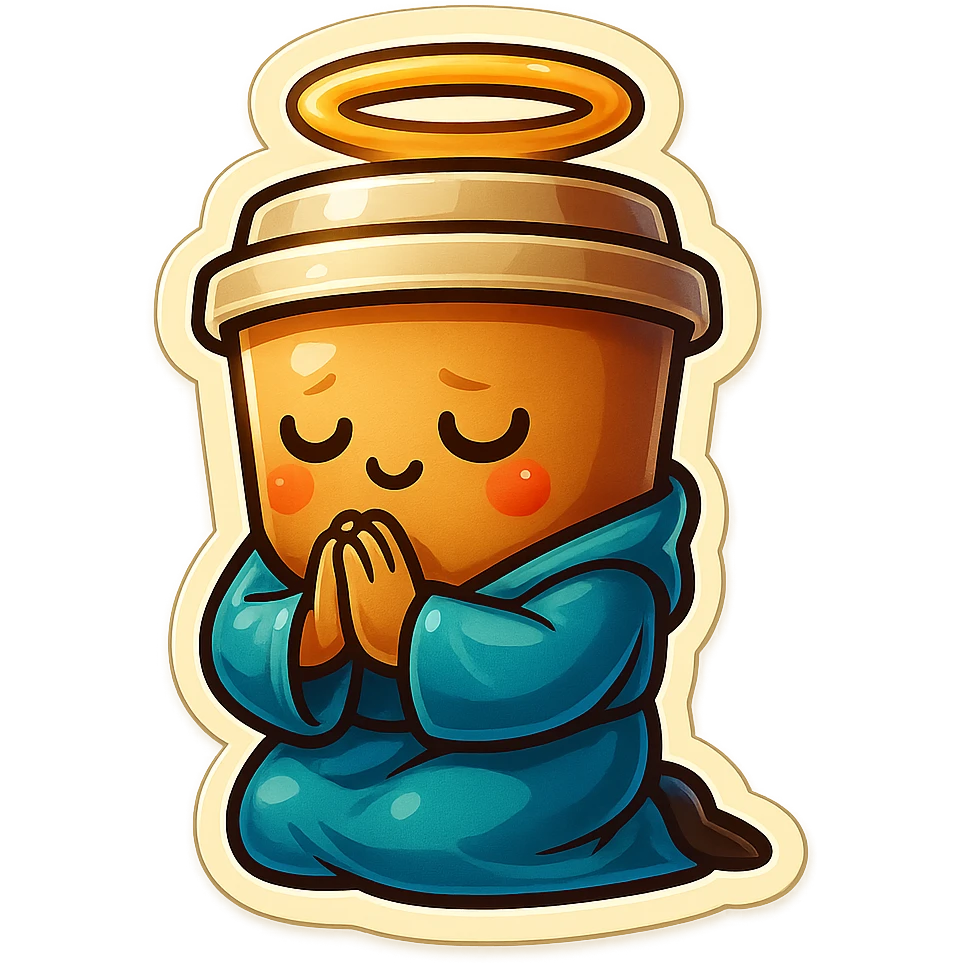 Tall coffee cup, bowing on knees, praying, worship, wearing soft blue monk robes, halo emoji