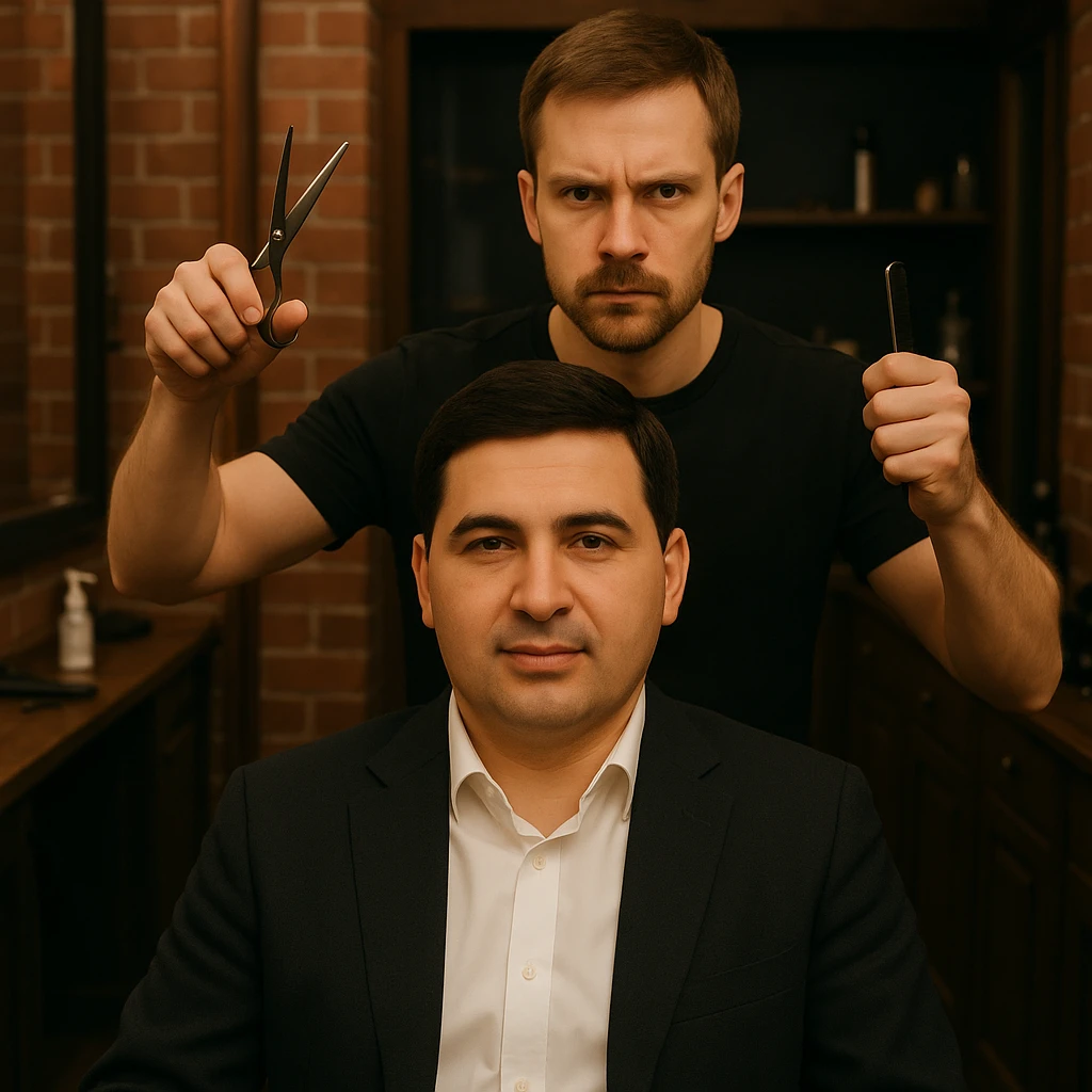 mijozni yuzini emas birinchi rasimdagi odamni yuzi 2 rasmdagi soch oladigan odamni yuzini birinchi rasimdagi odamni yuziga uxshasin mijozni yuzi boshqacha bulsin emoji