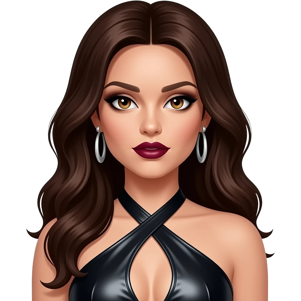 Jessica Sutta from The Pussycat Dolls with white skin, hazel eyes, long dark brown hair, black eyeshadow, dark red lipstick, black metallic halter dress, silver earrings emoji