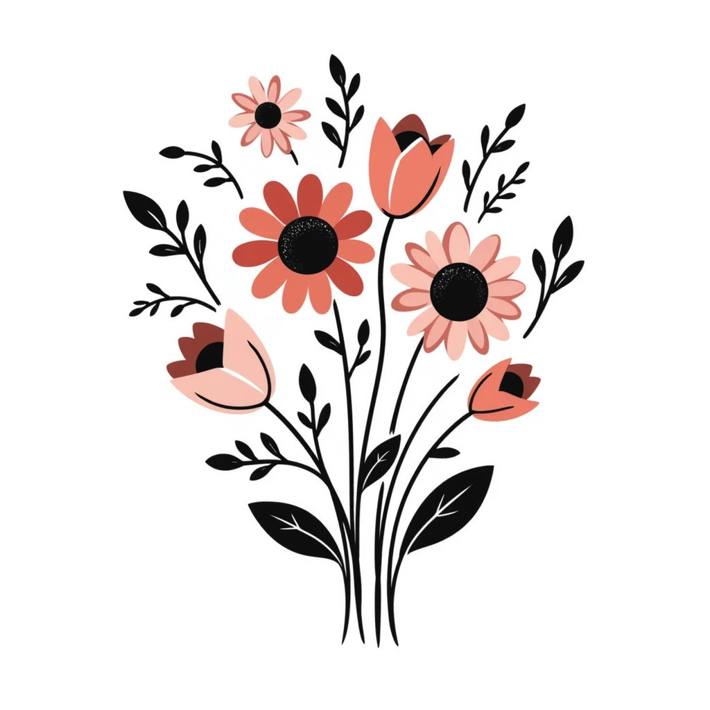 a bouquet with a variety of different flower types including roses, tulips, daisies, sunflowers, and lilies with stems and leaves in pastel colors dd9fb0, ffc6d3, a3bfc9, c4bee2, f1b091, detailed hand-drawn doodle style emoji
