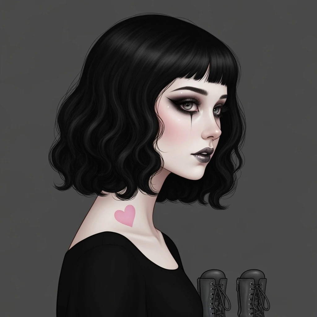 goth profile picture with a heart accent, cute, expressive, minimal, variation 1 emoji