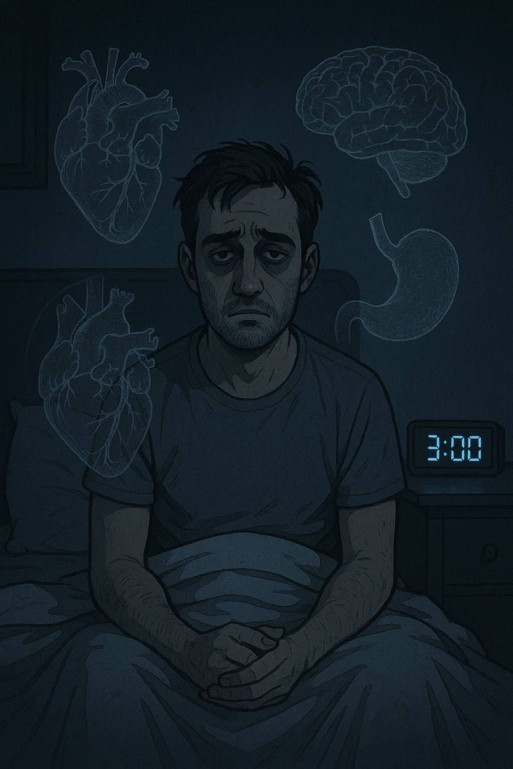 a man sits awake in bed in the middle of the night, dark circles under his eyes and a tired, anxious expression. The room is dimly lit by the blue glow of a phone or digital clock showing 3:00 AM. Around him, faint ghostly overlays of anatomical drawings highlight affected organs—heart, brain, and stomach—symbolizing the physical harm caused by disrupted sleep. emoji