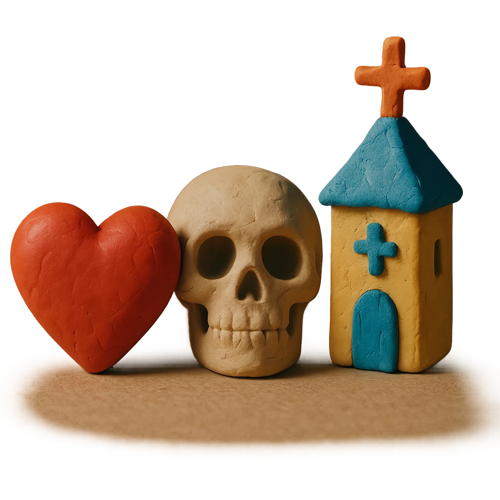 claymation style heart, skull, and church together, no background emoji