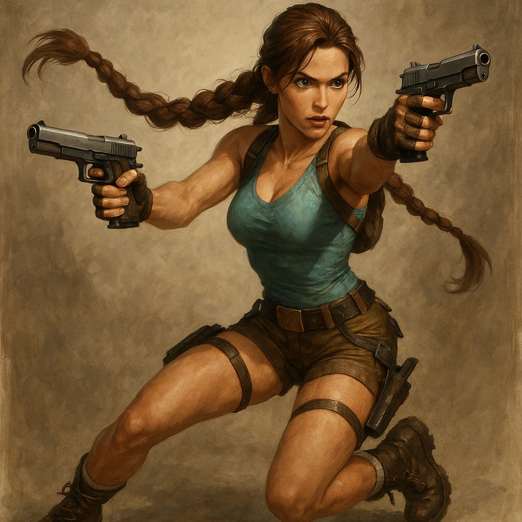 Lara Croft, iconic adventurer, in action pose, with twin pistols and a braid, inspired by Tomb Raider, detailed, dynamic, no text emoji