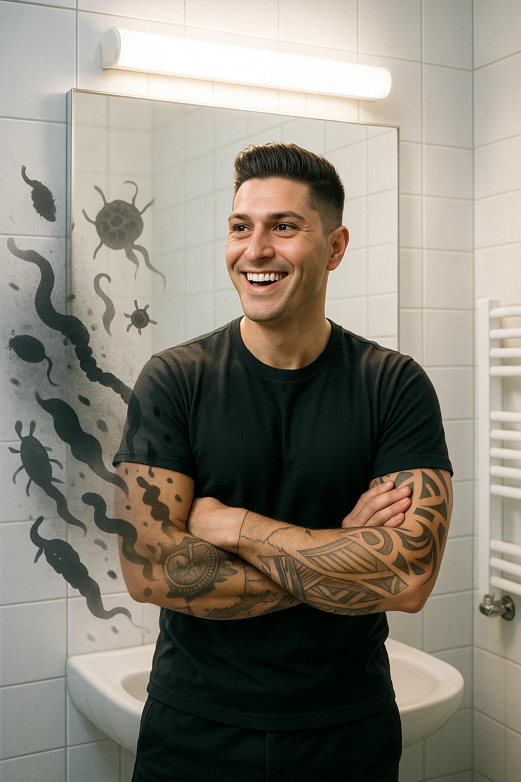 a man stands in a brightly lit bathroom, looking relieved and revitalized as he examines his reflection in the mirror. In the foreground, stylized, shadowy images of parasites (such as worms or protozoa) are shown leaving his body, dissolving into mist or fading away. His posture is upright and his expression is one of newfound energy and health. emoji