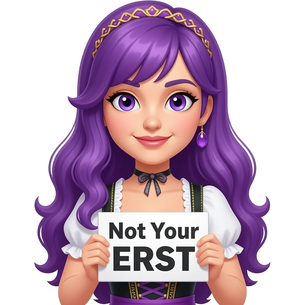 sexy girl with long purple hair and purple eyes wearing a dirndl holding a Not Your ERNST sign emoji