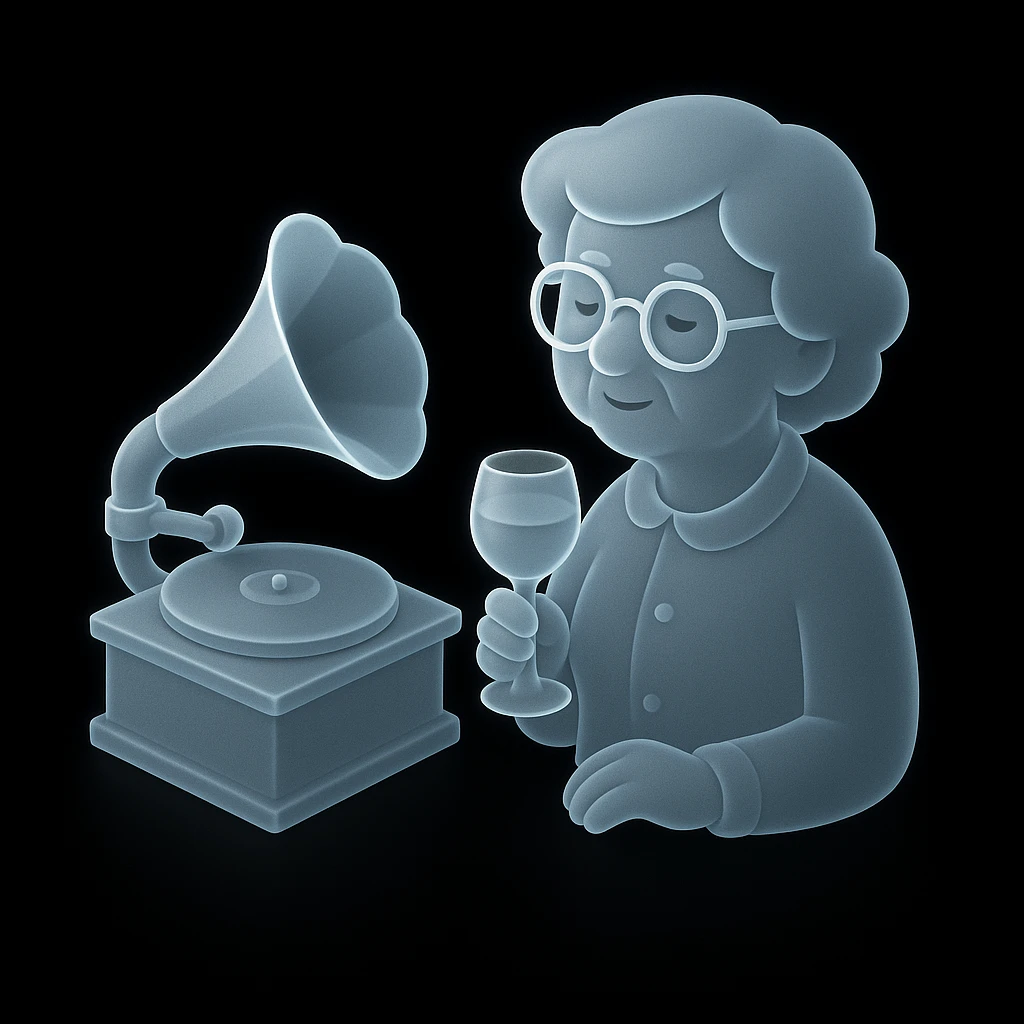 old lady with wineglass listening to gramophone emoji
