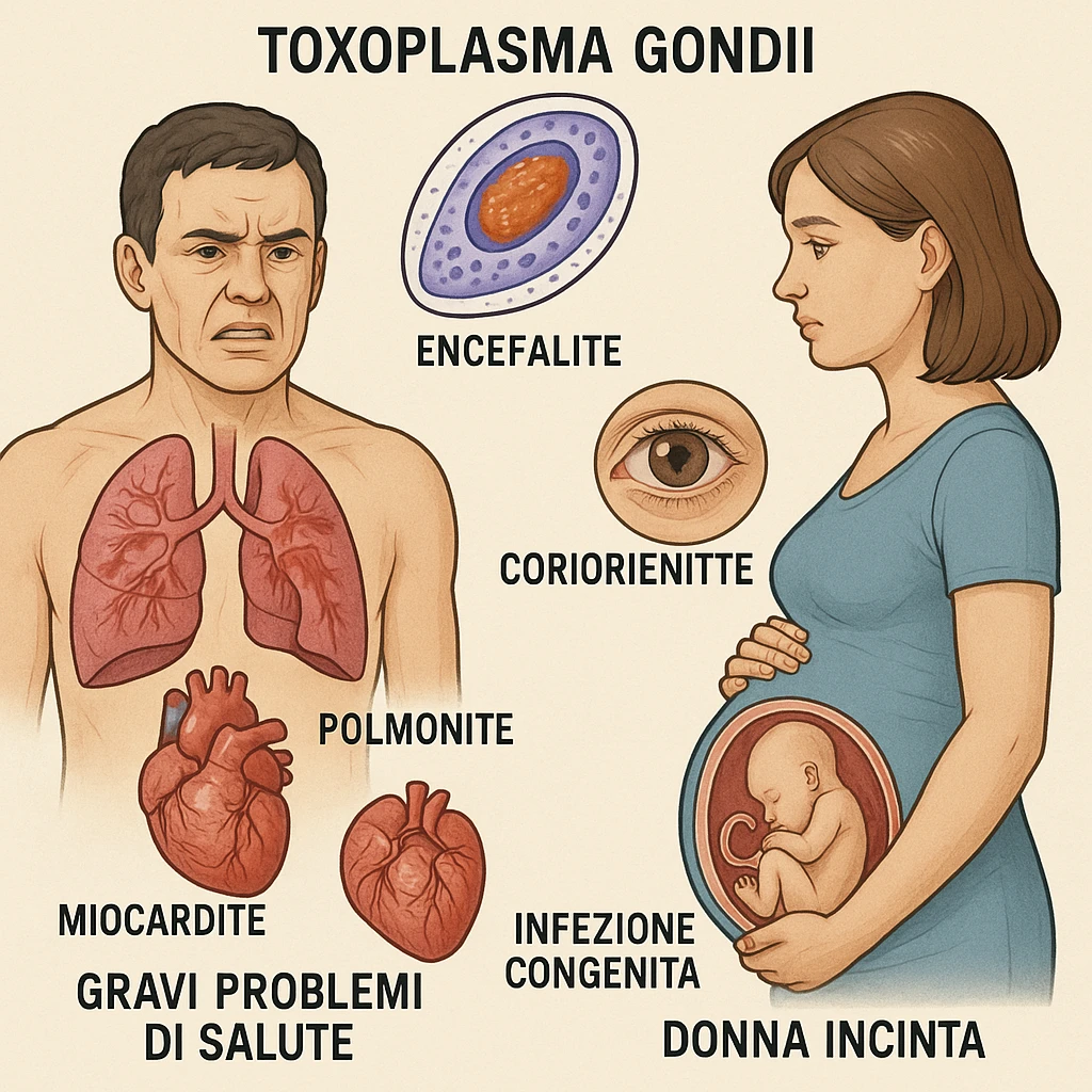 Toxoplasma gondii, infetta uomo immunodepresso e donne incinta. Causando gravi problemi tutto scritto in italiano emoji