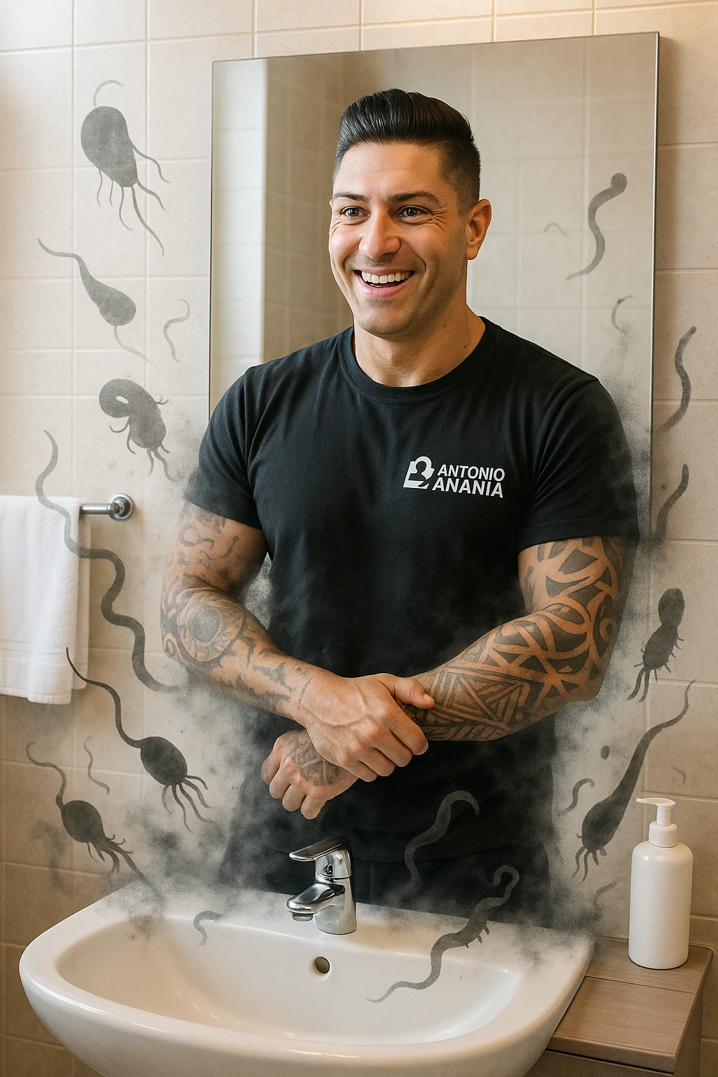 a man stands in a brightly lit bathroom, looking relieved and revitalized as he examines his reflection in the mirror. In the foreground, stylized, shadowy images of parasites (such as worms or protozoa) are shown leaving his body, dissolving into mist or fading away. His posture is upright and his expression is one of newfound energy and health. emoji