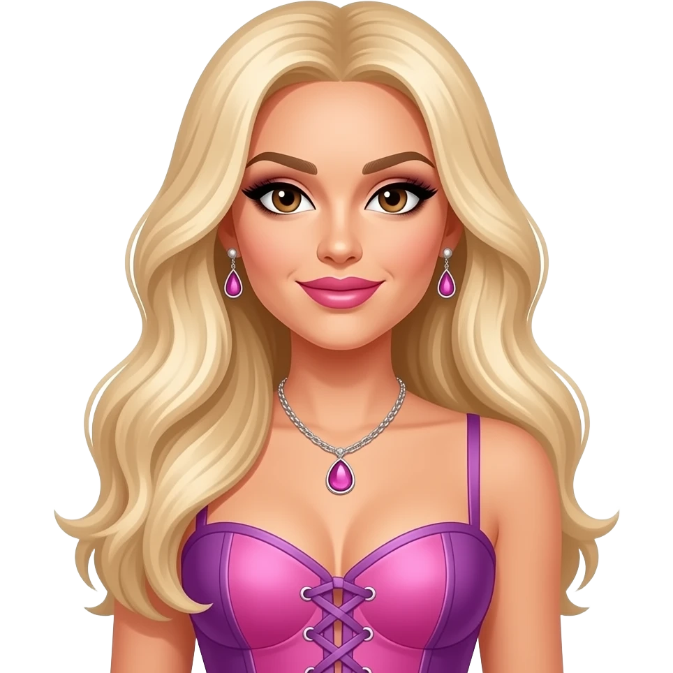 Ashley Roberts from The Pussycat Dolls with brown eyes, long blonde hair, black eyeshadow, pink lipstick, pink and purple off corset dress, necklace and earrings emoji