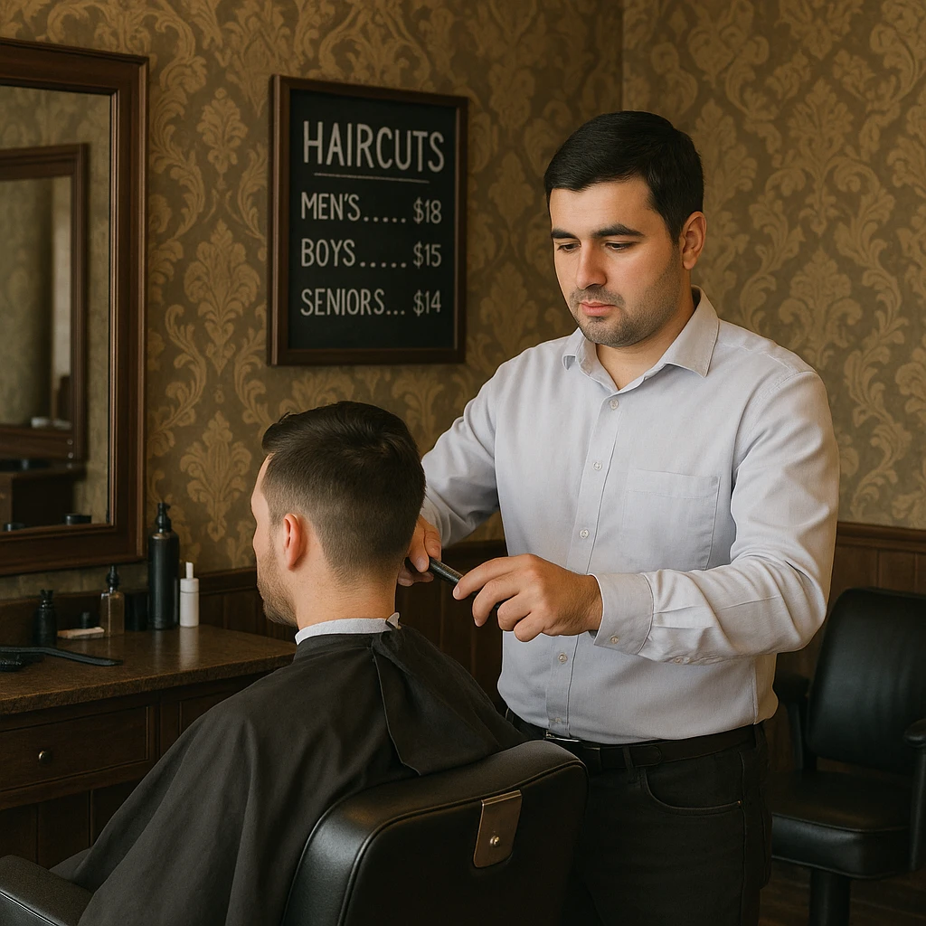 Draw me a picture of a barbershop that looks like this guy working in a barbershop. The barbershop doesn't have to be very modern. It should be on a medium floor. Also draw a blackboard on the wall. It should have the prices for haircuts there. emoji