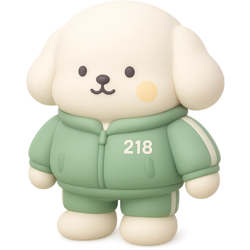 Dress the character in the green Squid Game uniform with number 218, keeping the cute style and soft colors. The background should be transparent for a WhatsApp sticker. emoji