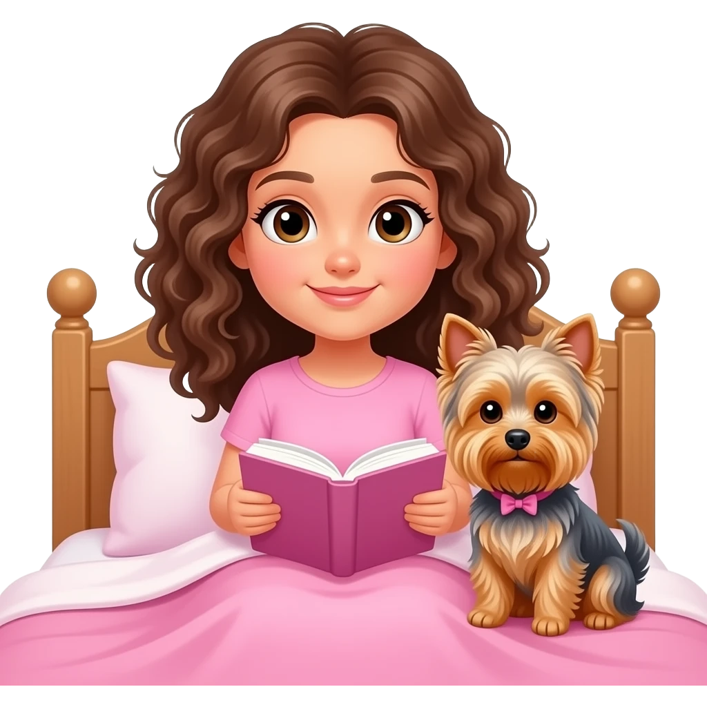 Chica con en pelo rizado color castaño y piel Blanca, sentada en su cama con un libro y su perro yorksai y que ella vaya de rosa emoji
