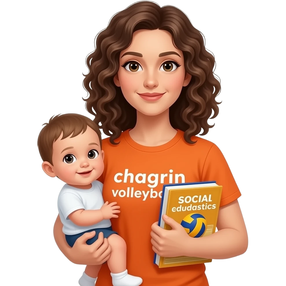 italian women with curly/wavy hair. Tall and she has a social studies book in her hand. She is wearing a orange shirt that says chagrin volleyball on it. holding a baby emoji