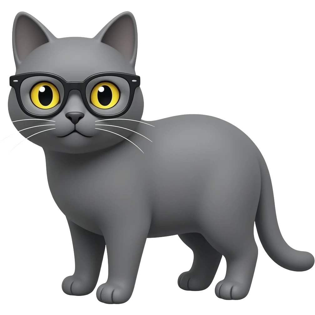solid grey cat, yellow eyes, with reading glasses emoji