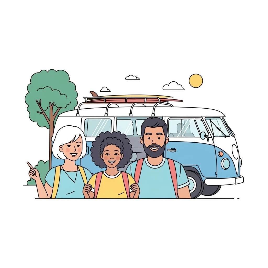 color vector art with thin outline of family with volkwagon van  emoji