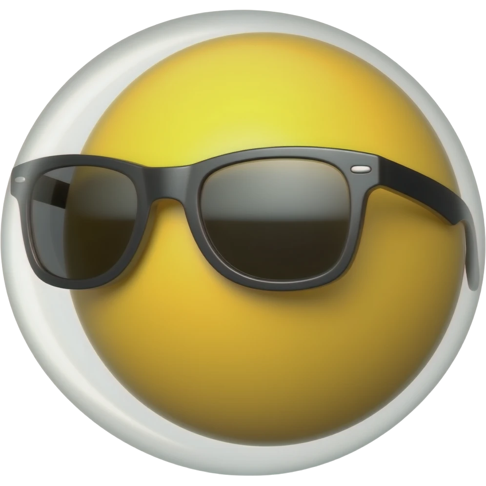 Emoji de cara amarilla con gafas de sol gira lentamente, la luz se refleja en su superficie, el fondo de cuadrícula transparente permanece estático. hacer que el emoji se vea mas moderno y que el fondo sea blanco darle un toque futurista y en 3d emoji