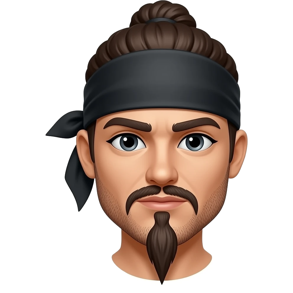 Captain jack sparrow looking Hair color in pony /man bun/top knot black bandana more eyeliner trimmed full beard stubble with long goatee emoji
