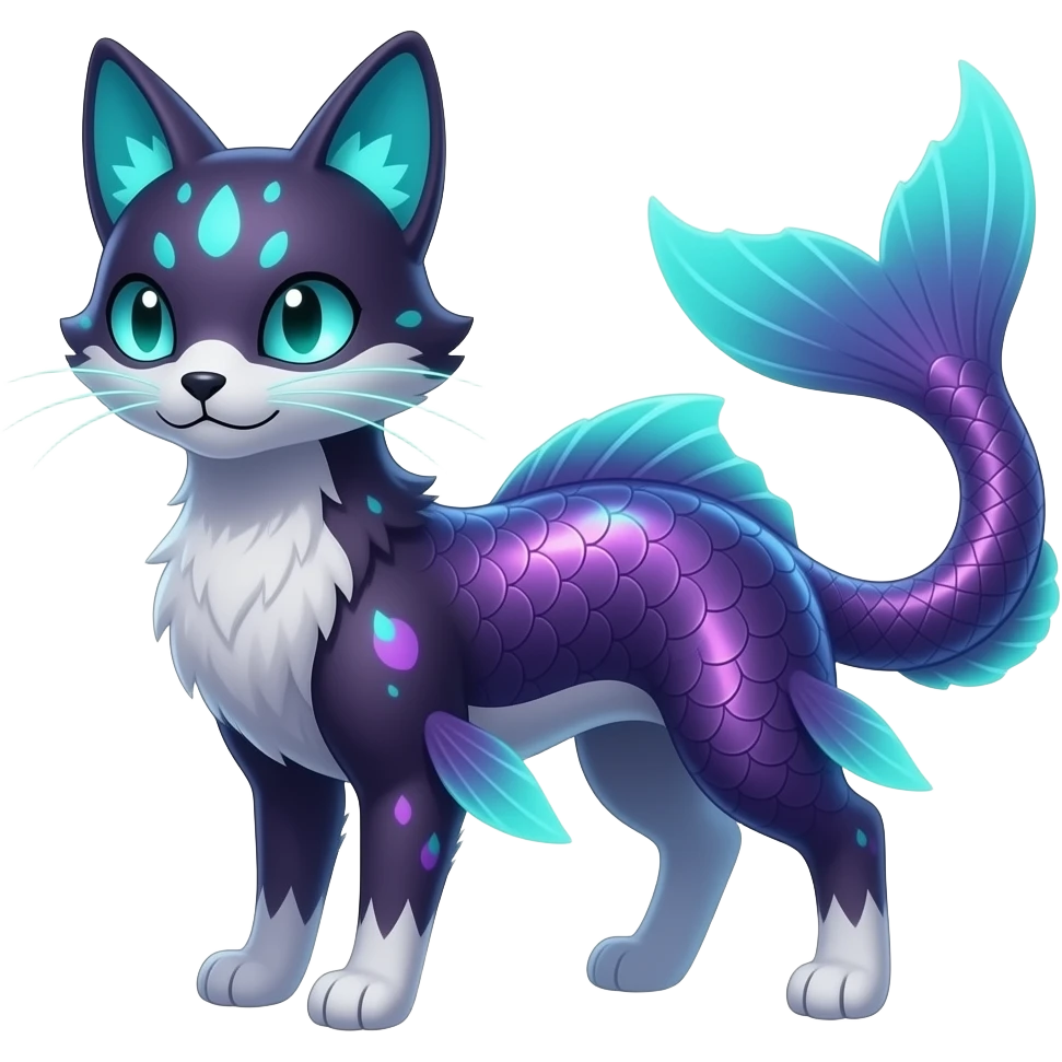 Long-bodied tall elegant furry iridescent-scaled slim smooth shiny glossy elegant mature bioluminescent oil-dark, purplish, neon-cyan-accented, fishy finned, abyss-fantasy-Lykoi-Bambino-Vaporeon-Umbreon-Civet-Fakémon-fusion, with thin neon-glowing bulb-whiskers, koi-piebald-flecked full body emoji