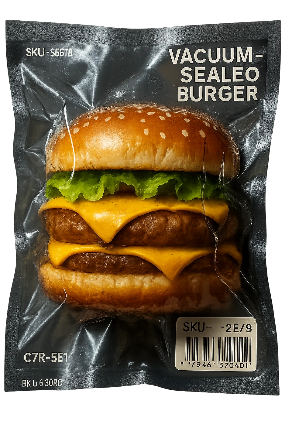 vacuum-sealed burger, compressed and shiny emoji