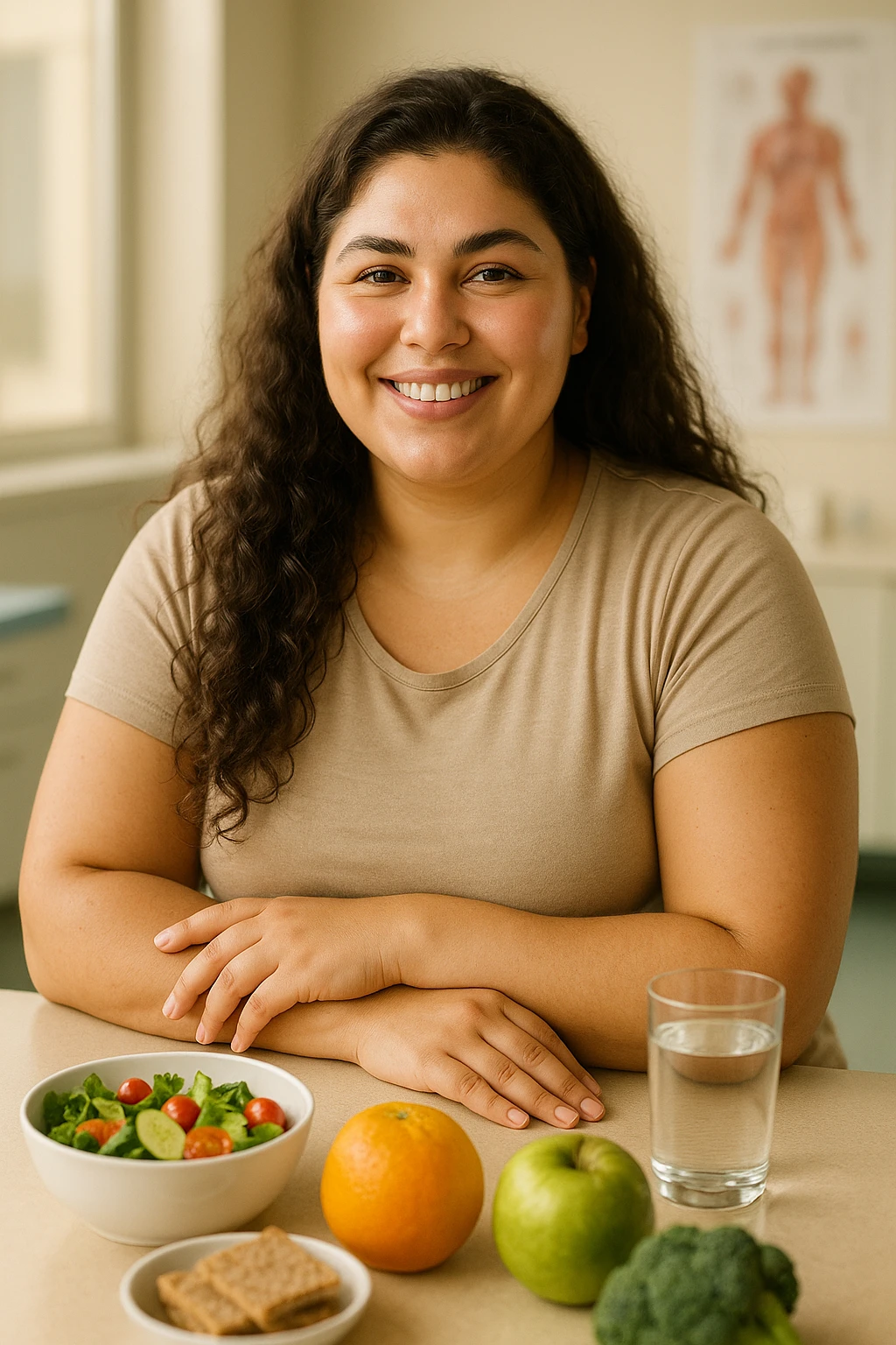 realistic portrait of a woman with PCOS following a healthy and balanced diet, healthy and radiant appearance, well-cared skin, thick hair, energetic posture, clinical atmosphere, realistic details, warm natural lighting, vertical 2:3 aspect ratio, no text emoji