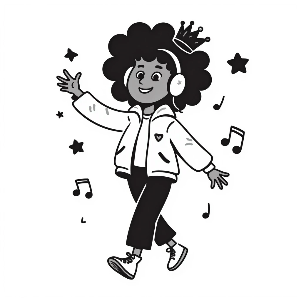 black-and-white line art of a confident African-American girl with a crown and headphones, dancing, hip-hop jacket, sneakers, surrounded by music notes and stars, pure line art only, no shading, no borders, no grayscale, no solid black fills, classic kids coloring fun style, portrait 1024x1536 emoji
