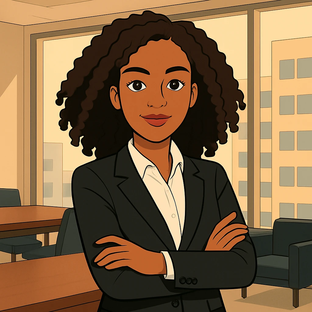 Convert this image to a cartoon style with a confident, successful CEO vibe. The girl should have slightly longer hair and lighter skin tone, maintaining her confident expression and professional appearance. emoji