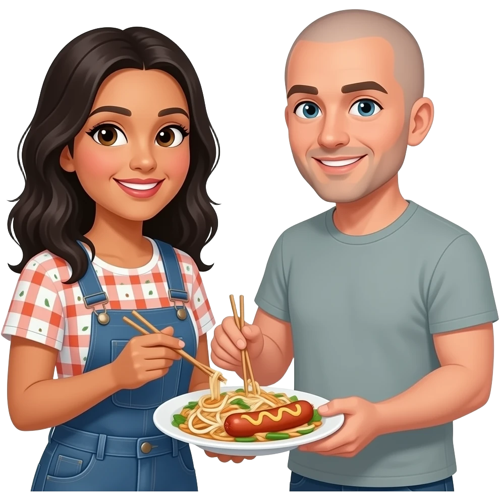 Mexican woman and white man with shaved head sharing pad thai made with hot dogs emoji