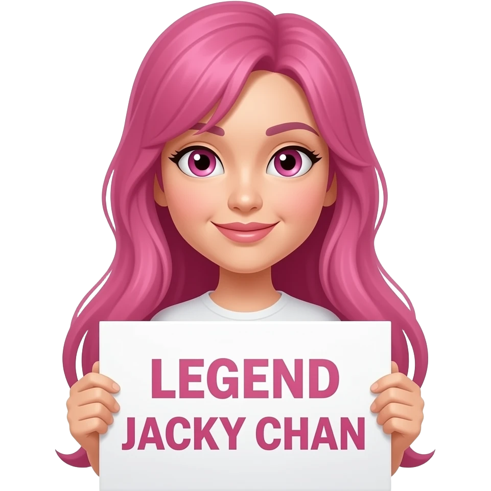 sexy girl with long pink hair and pink eyes holding LEGEND JACKY CHAN sign emoji