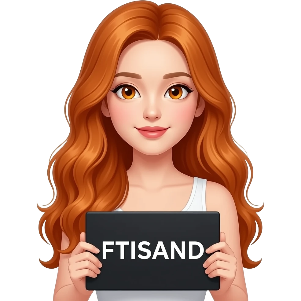 sexy girl with long wavy ginger hair and ginger eyes wearing a white tanktop is holding a black colored sign with FTISLAND written on it emoji