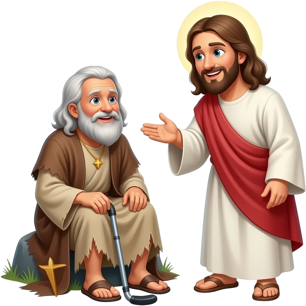 A full bodied old paralyzed man Who is poor sitting on the ground unable to walk and dress in tattered biblical clothing and Jesus stops to talk to him With a smile on his face emoji