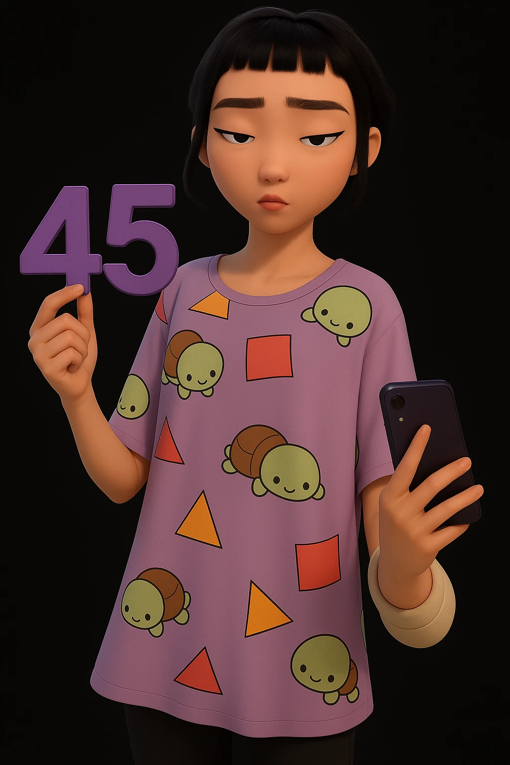 Make the character hold the number 45 in their left hand, keeping the original style and pose. Only add the number 45, do not change anything else. emoji