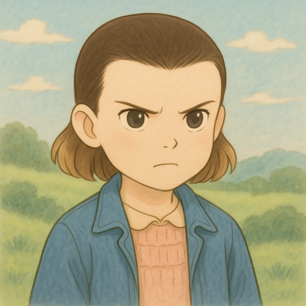 Eleven from Stranger Things with a determined expression, simple and delicate line art as in the reference drawing, colored in pastel tones, in Ghibli style, square 1:1 format. emoji